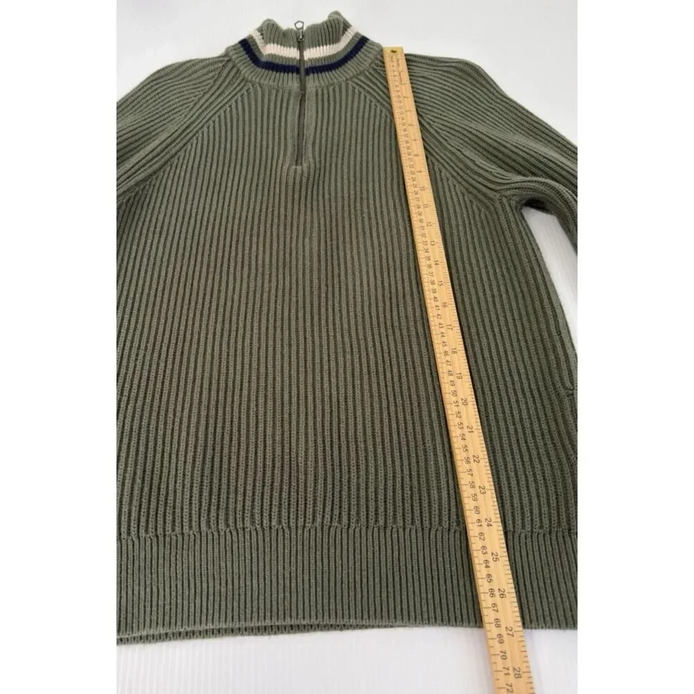 J CREW Knit Sweater Men M Green Ribbed Half-Zip Varsity Stripe Trim Cotton BC592